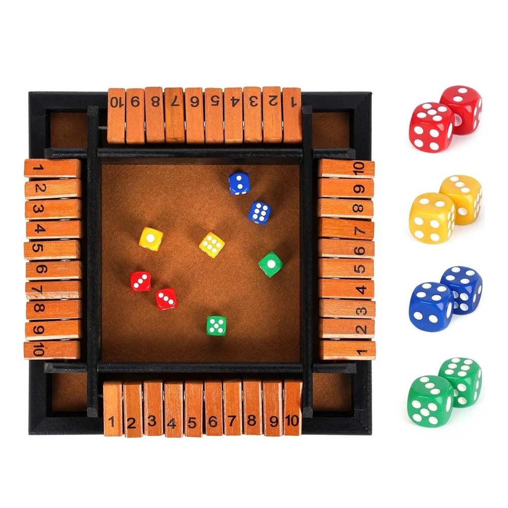 Shut the Box 4 Player Wooden Board Game with 8 Dice Strategy Math Game Black